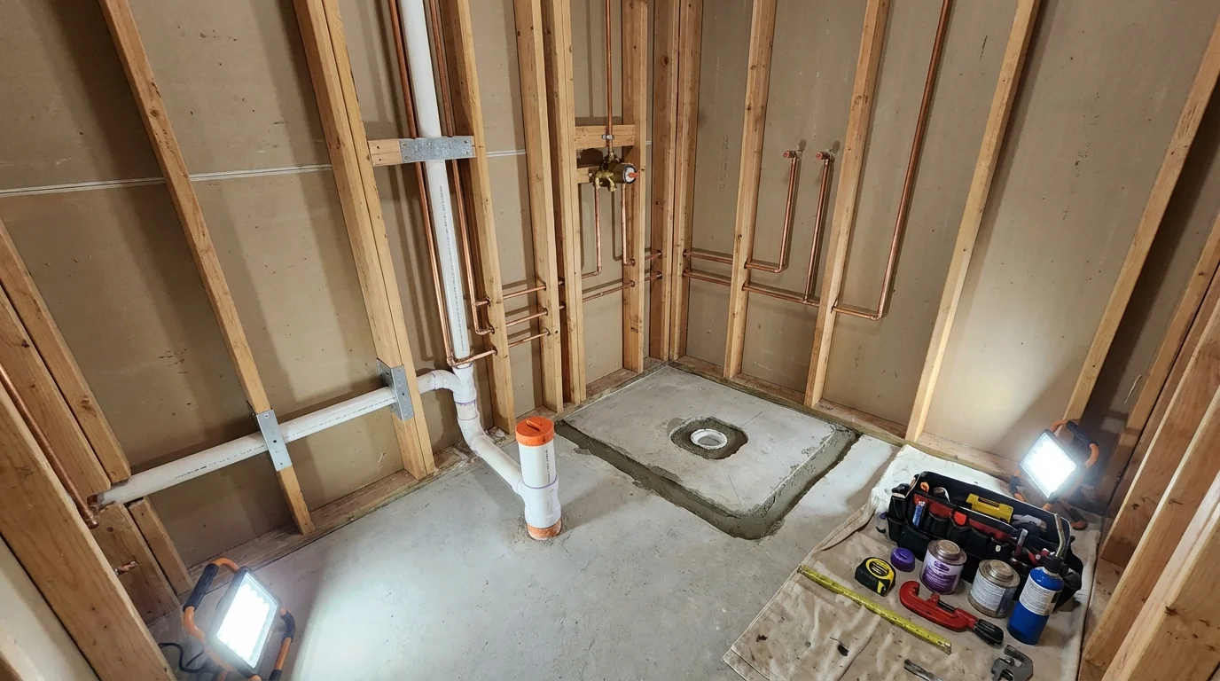 Bathroom rough-in plumbing during remodel by Johns Plumbing LLC in Klamath Falls