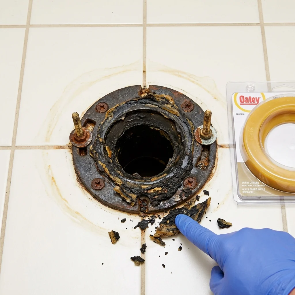 Failed wax ring showing water seepage at the base of a toilet in a Klamath Falls, OR home