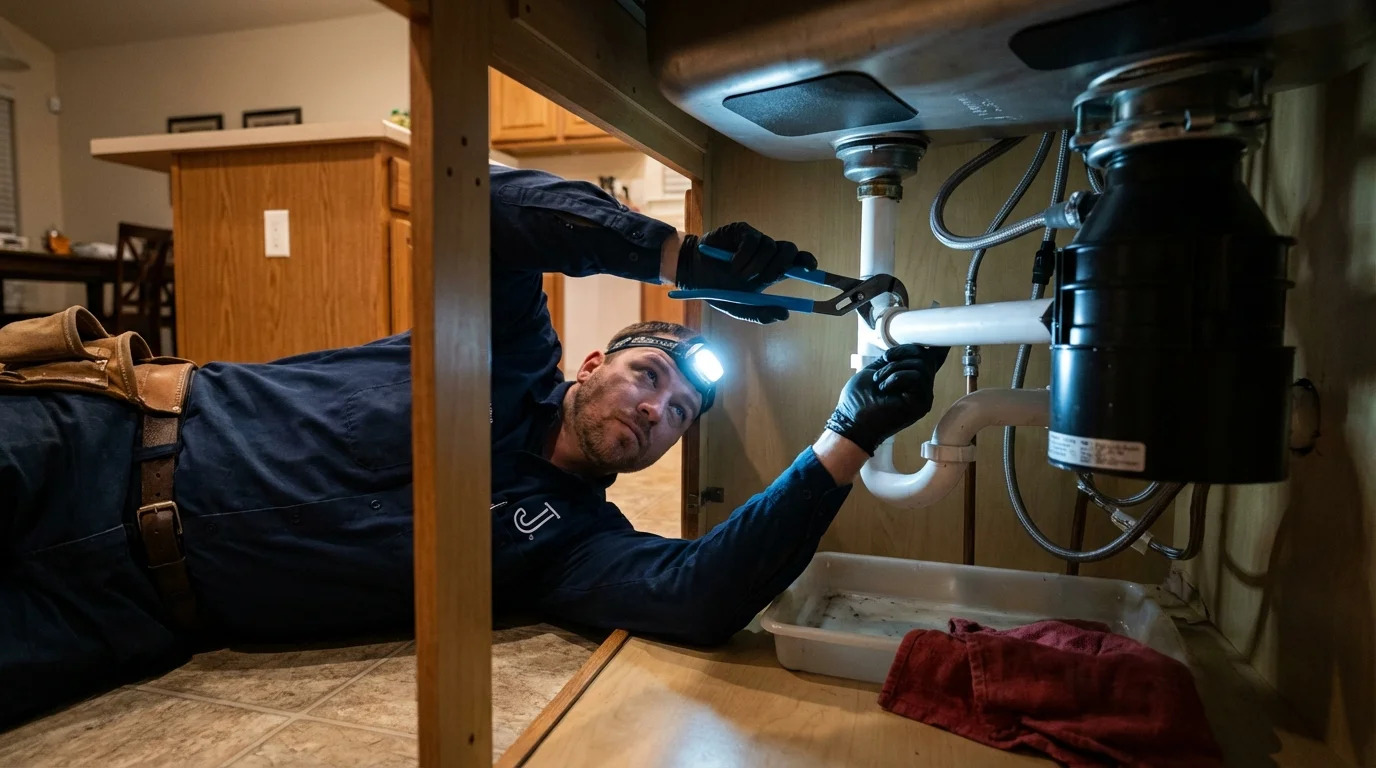P-trap and supply line connections under a kitchen sink showing a common leak point in Klamath Falls, OR